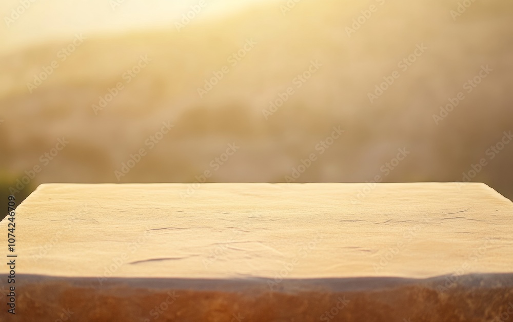 Aufkleber Sunlit Sandstone Table in Desert with Bokeh Effect for Product Display