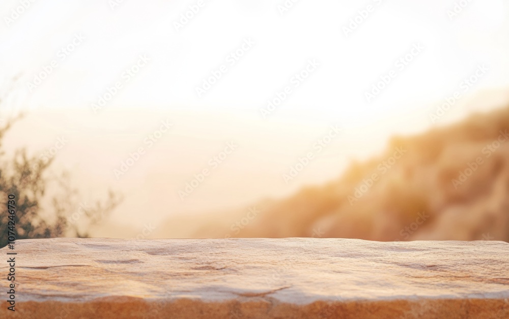 Aufkleber sunlit ochre sandstone surface with desert bokeh for rustic product display
