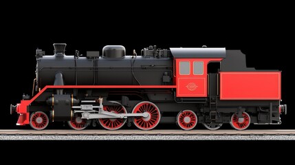 Naklejka premium Vintage Steam Locomotive 3D Render Black Background Red and Black Design Train Railroa