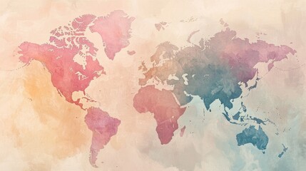 World map in pastel shades, soft colors blending together in abstract style