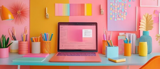 A pink laptop computer on a desk with colorful decor, pencils, notebooks, and a plant.