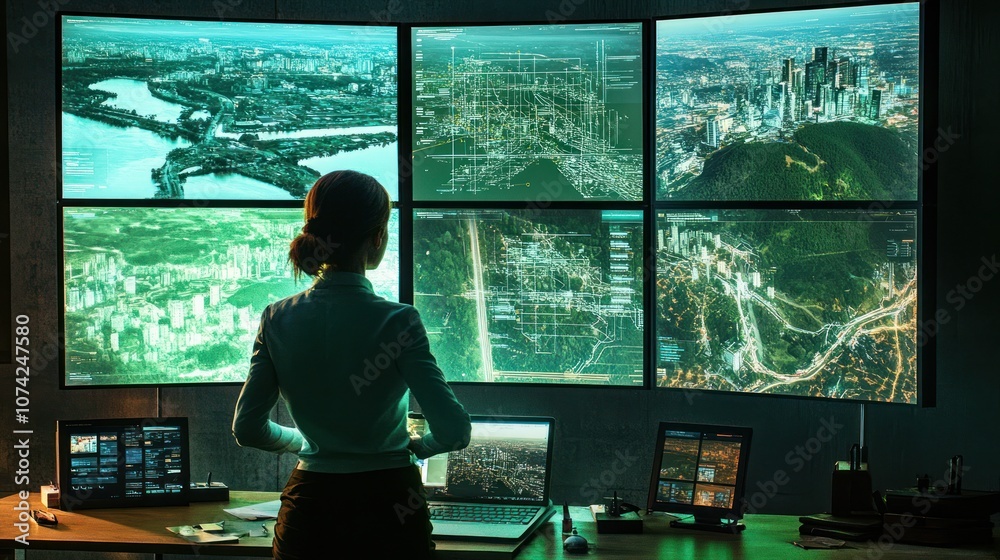 Poster a person monitors multiple screens displaying city maps and data in a control room.