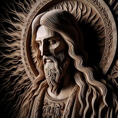 Illustration of wood art intricately to form a figure that appears to be Jesus Christ
