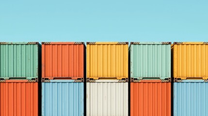 Fototapeta premium Colorful Shipping Containers Stacked Against Blue Sky Cargo Logistics Import Export
