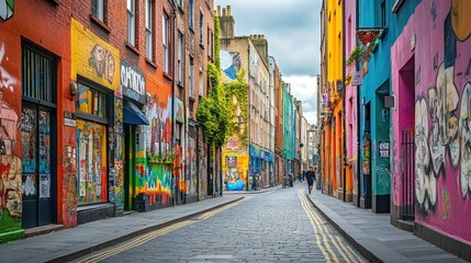Naklejka premium Colorful street art decorates a vibrant urban alleyway, inviting exploration and creativity.