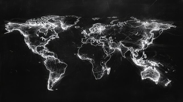 World map on a sleek black background with white outlines, modern and minimalist