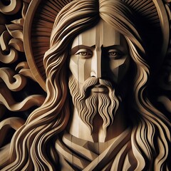Illustration of wood art intricately to form a figure that appears to be Jesus Christ
