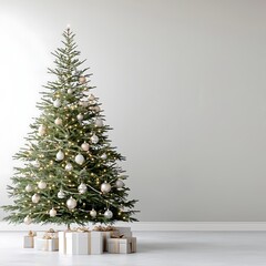 A beautifully decorated Christmas tree with elegant ornaments and sparkling lights, isolated on a clean white background. The tree is full and lush, showcasing high-end decorations in a luxurious