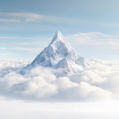 A snowy mountain peak with soft clouds surrounding the summit, isolated on a white background. The sharp contrast between the snow and the sky creates a striking, high-end visual for winter-focused