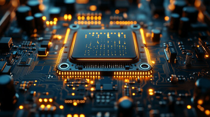 Fototapeta premium futuristic, AI-powered quantum computer visual, showcasing neon circuitry, data flow, and glowing blue lights to represent intelligence, innovation, and the power of quantum technology. Symbolizes adv