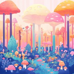 Enchanted Forest with Colorful Mushrooms and Abstract Trees Surrounded by Mist and Soft Light, Creating a Dreamlike Fantasy Landscape