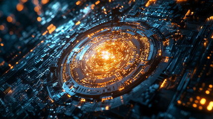 futuristic, AI-powered quantum computer visual, showcasing neon circuitry, data flow, and glowing blue lights to represent intelligence, innovation, and the power of quantum technology. Symbolizes adv