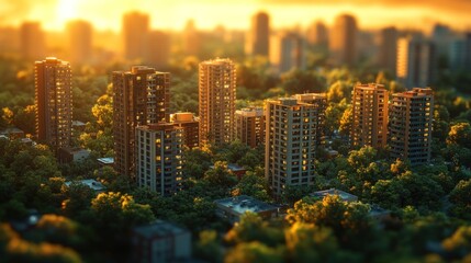 Obraz premium Sunset over a cityscape with residential buildings and greenery.