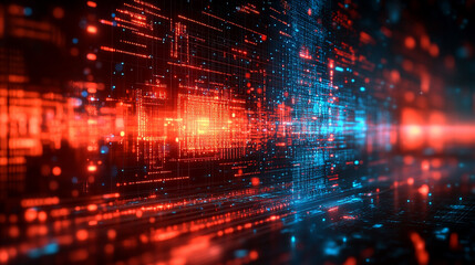 Fototapeta premium futuristic, AI-powered quantum computer visual, showcasing neon circuitry, data flow, and glowing blue lights to represent intelligence, innovation, and the power of quantum technology. Symbolizes adv