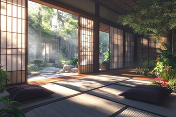 Japanese Home Interior Design with Sliding Doors and Tatami Mat Floors