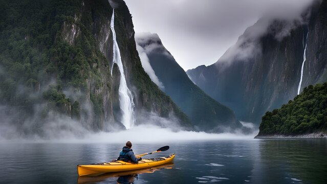 New zealand a stunning shot of milford sound with misty waterfalls cascading down the cliffs, Ai Generated