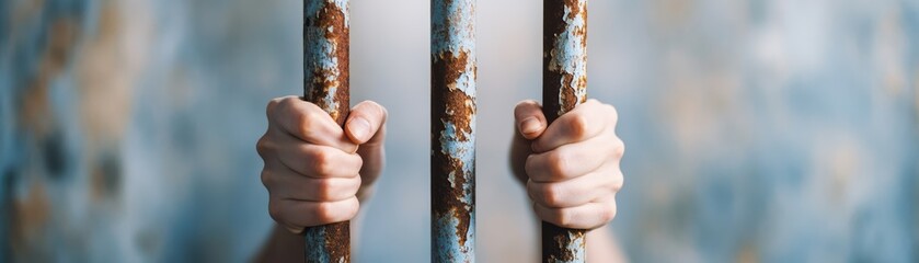 Naklejka premium A close-up of hands gripping prison bars, symbolizing confinement.