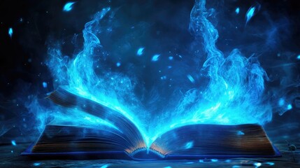 An open book with vibrant blue flames emerging from its pages representing knowledge creativity and transformation