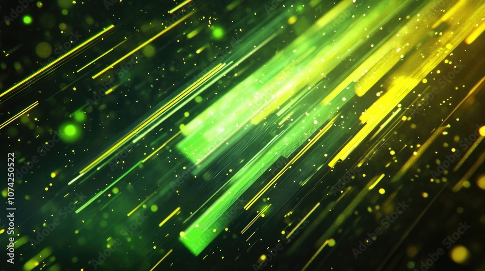 Poster futuristic abstract design featuring sharp intersecting neon green and yellow lines with floating pa