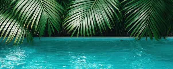Obraz premium A serene view featuring lush green palm leaves over sparkling turquoise water, evoking a tropical paradise vibe.