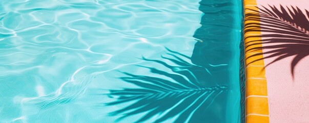 A serene swimming pool with clear turquoise water, palm leaf shadows on the edge, creating a relaxing summer vibe.