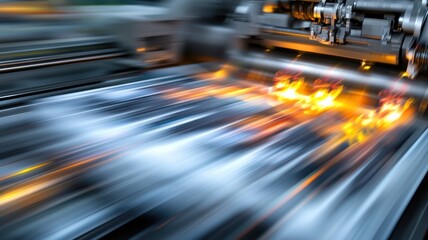 A dynamic view of a printing press in action, showcasing movement.