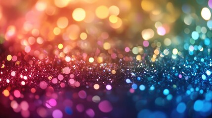 Abstract shimmering glitter particles in vibrant neon rainbow colors flow underwater creating a festive magical backdrop with a shallow depth of field and de focused sparkles and lights