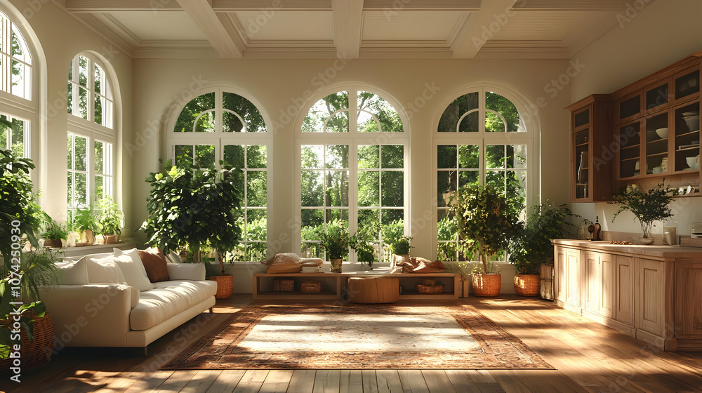 Wall mural Sunlit Living Room with Arched Windows and Wooden Floors - 3D Illustration