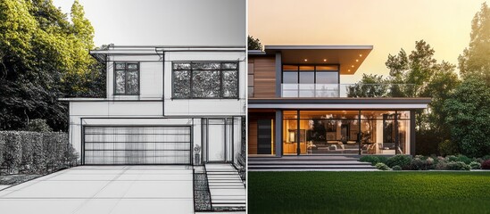 A side-by-side comparison of a house blueprint and its completed design.