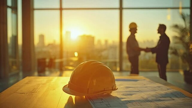 Engineers in City at Sunset Construction Helmet and Handshake on Blueprints