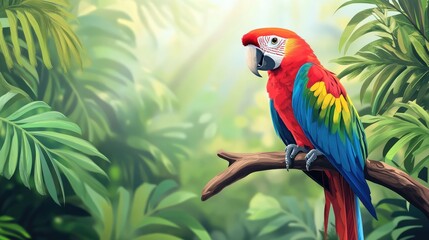 Vibrant exotic parrot perched on a tree branch in a lush green jungle Adorable colorful bird showcasing wildlife in a tropical setting Ideal for a pet shop banner with space for text