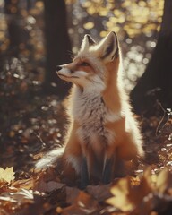 Serene Fox in Sunlit Autumn Forest Capturing Natures Warmth and Tranquility