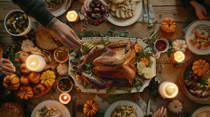 Top View Flat-Lay on Thanksgiving Celebration Family Dinner