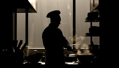 Silhouette of a chef cooking in the kitchen.