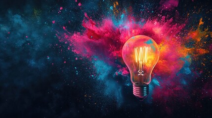 Colorful paint splashes from an exploding light bulb against a dark backdrop symbolizing innovative and imaginative thinking