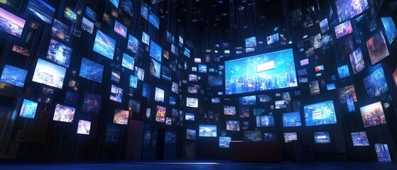 Fototapeta premium A dark room filled with numerous screens displaying various images and videos.