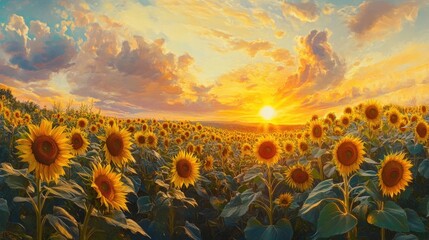 Obraz premium Sunset illuminating a field of sunflowers panoramic view