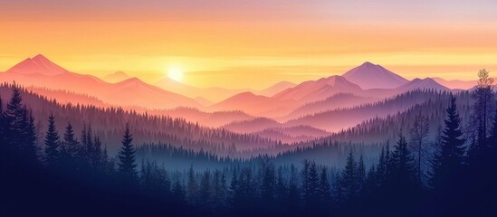 Obraz premium Beautiful Panoramic Scenery Landscape Valley Forest Foreground And Mountain Background In Sunset Evening Golden Lighting Environment