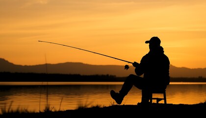 Silhouette of an angler sitting by a lake.
