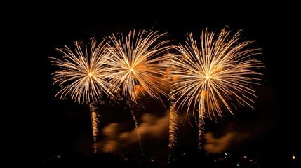Golden fireworks illuminate the dark night sky celebrating New Year s Eve with a vibrant display of color and excitement