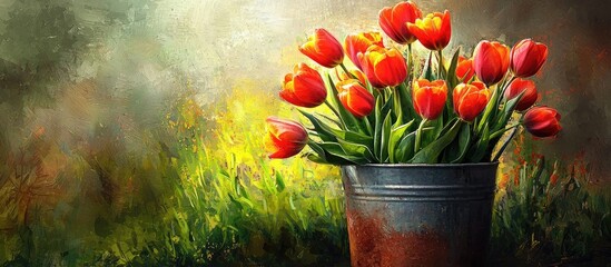 Bucket With Tulips In A Garden