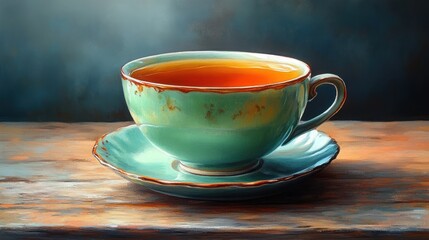 Obraz premium A beautifully crafted cup of tea on a rustic wooden table.
