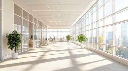 Modern office hallway with large windows overlooking city skyline.