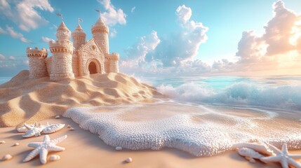 Scenic Open Beach Background with a Sandcastle Perfect for Travel Promotions and Vacation Advertisements
