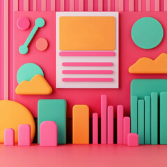 A vibrant, abstract composition featuring colorful geometric shapes, including charts and clouds, set against a pink background.