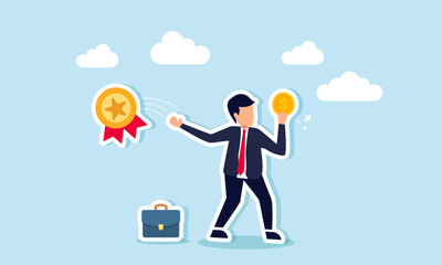 businessman holding a dollar coin, throwing away an award medal, illustration of disregarding awards or titles, focusing on money bonus