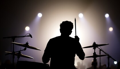 Silhouette of someone playing drums at a concert.