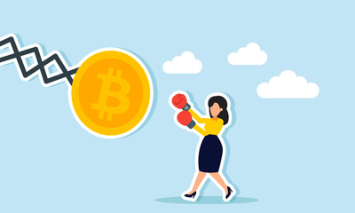 A businesswoman wearing gloves, ready to punch a bitcoin machine, illustration of disagreement with the bitcoin investment model