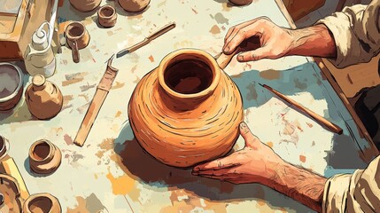 Hands of a Ceramic Artist Shaping a Clay Pot on a Workshop Table Surrounded by Tools and Small Clay Objects in Warm Natural Light