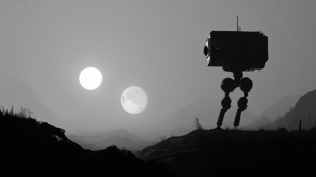 A robot walks across a desolate alien landscape with two moons in the sky.